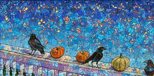 Elaine Fleck original artwork fabric and oil crows on porch railing