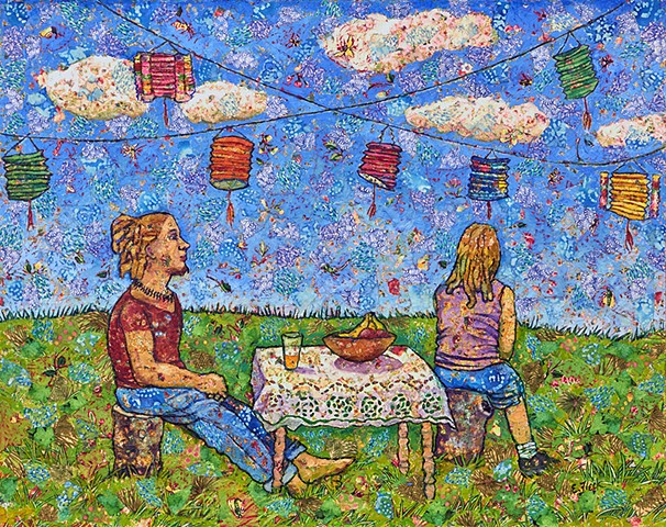 Elaine Fleck original artwork fabric picnic chinese lanterns