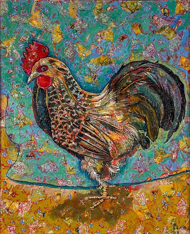 Elain Fleck original artwork rooster fabric oil