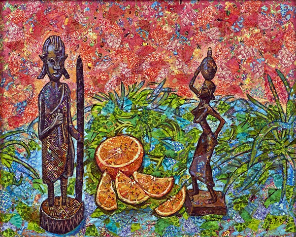 Elain Fleck original artwork fabric oil African Statues Oranges Still Life Market Gallery Roanoke Virginia