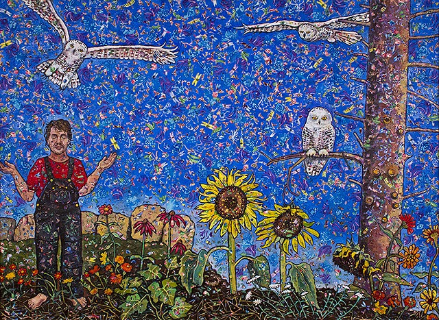 Elain Fleck original artwork owls garden