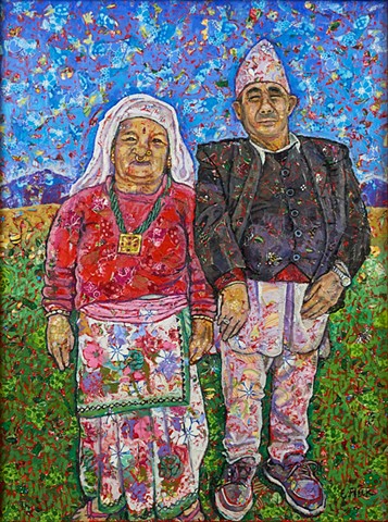 Elaine Fleck original artwork Bhutanese Couple fabric portrait