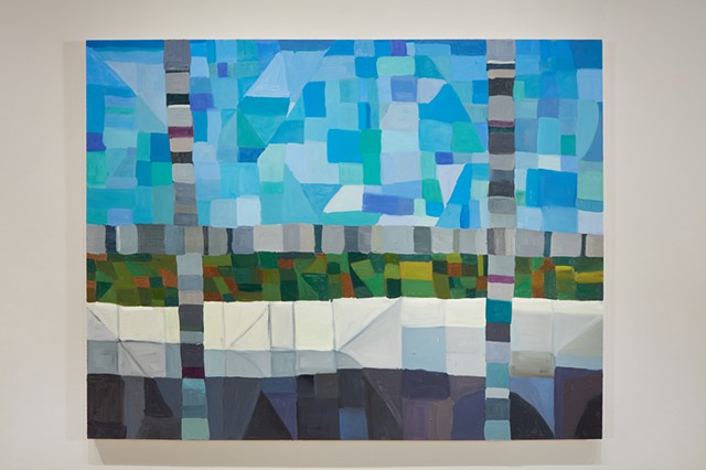 This painting features two window bars at the Tampa Museum of Art (my workplace). It is representational but becomes abstracted through an invented grid. The grid breaks up space, light, and color.