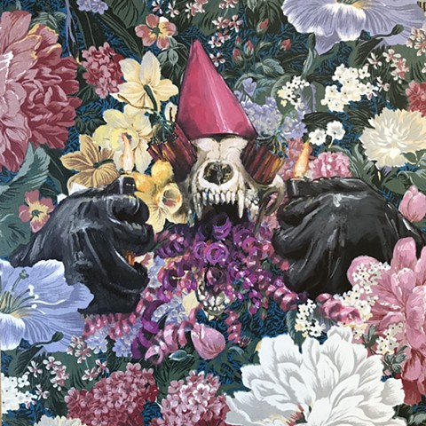 flowers, skull in party hat, firecrackers, floral, black gloves