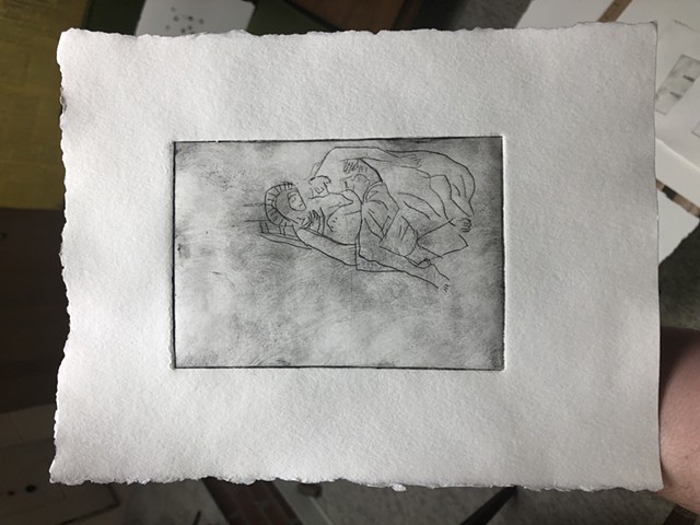 Pieta Mary Jesus Drypoint etching intaglio print work on paper