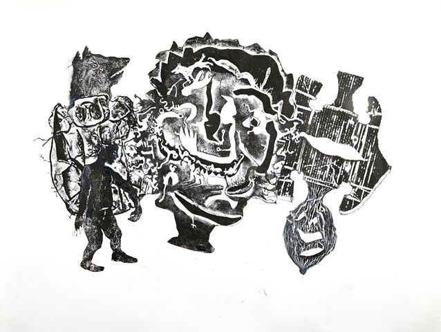 monotype, gouache, crayon, encre de Chine sur papier