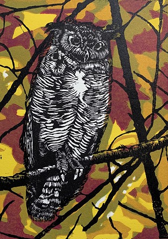 wood engraving, reduction Lino cut print, Great Horned Owl, bird, birds of prey