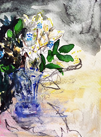 abstract painting of a bouquet in a blue vase