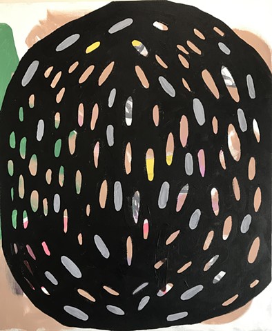 abstract painting of black seed pod with many holes