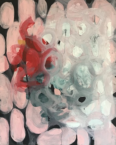 abstract painting with pink circles and ovals with large red spot