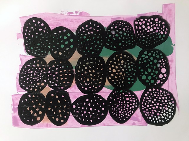 abstract painting of black sponges with green and purple background