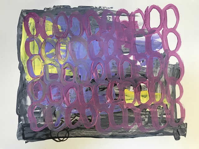 abstract painting of many purple ovals with yellow and black