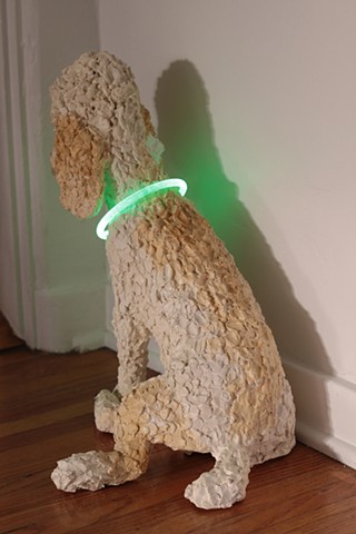 Dog.
hydrocal, acrylic paint, plastic led collar
2019