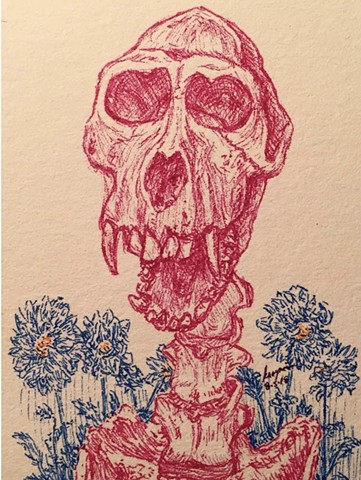 Pink Macaque with Blue Dahlias (sold)