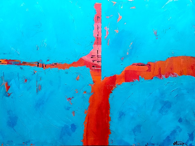 abstract expressionist painting landscape cruiciform  cross blue aqua red orange turquoise black textured abstract cross