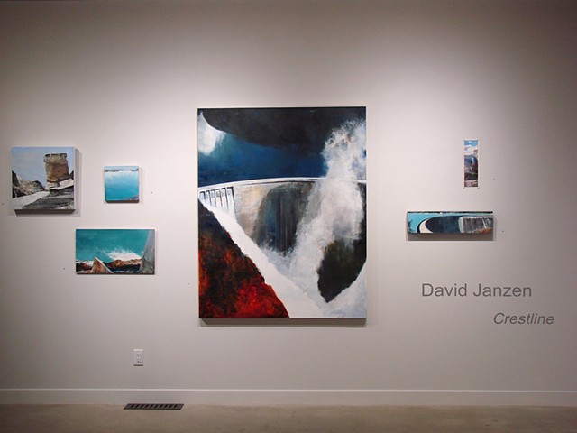 A grouping of paintings of hydroelectric dams at Peter Robertson Gallery