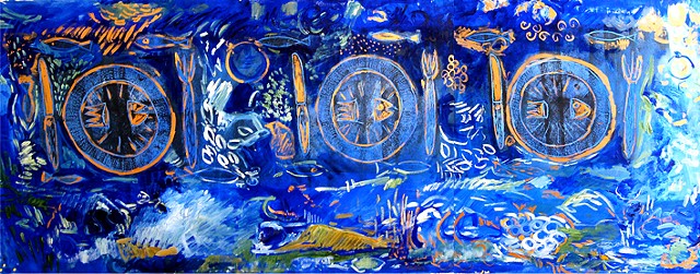 blue painting, jewish art work, large blue painting, original blue color drawing, colorful painting