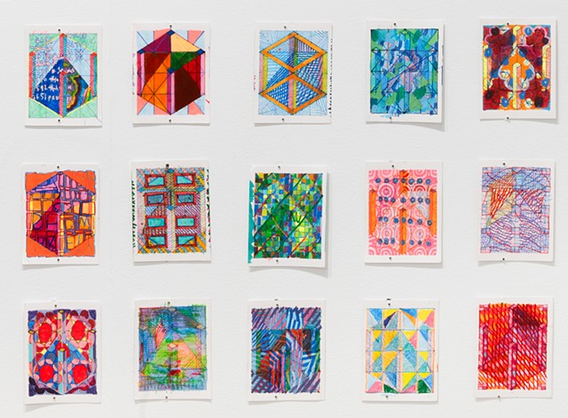 A Cube is a Rectangle Series A (252 Wurfels, detail), 2022-present, Ink and acrylic on Bristol vellum, each drawing is 4.6H x 3.75W inches, installation as shown is 68H x 170W inches 2026