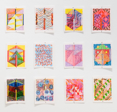 A Cube is a Rectangle Series A (252 Wurfels, detail), 2022-present, Ink and acrylic on Bristol vellum, each drawing is 4.6H x 3.75W inches, installation as shown is 68H x 170W inches 2026