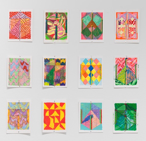 A Cube is a Rectangle Series A (252 Wurfels, detail), 2022-present, Ink and acrylic on Bristol vellum, each drawing is 4.6H x 3.75W inches, installation as shown is 68H x 170W inches 2026