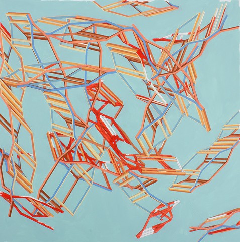 “First annual meeting of the Society of Oak Park Vorticists.”, 2012, Gouache on paper, 30 x 30 inches.
