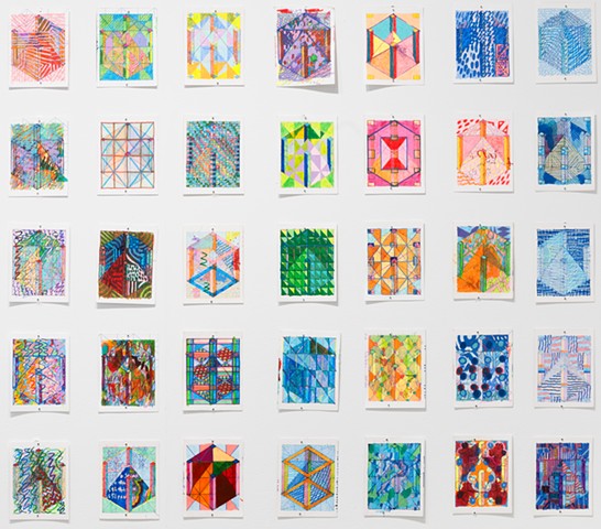 A Cube is a Rectangle Series A (252 Wurfels, detail), 2022-present, Ink and acrylic on Bristol vellum, each drawing is 4.6H x 3.75W inches, installation as shown is 68H x 170W inches 2026