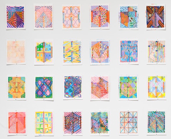 A Cube is a Rectangle Series A (252 Wurfels, detail), 2022-present, Ink and acrylic on Bristol vellum, each drawing is 4.6H x 3.75W inches, installation as shown is 68H x 170W inches 2026