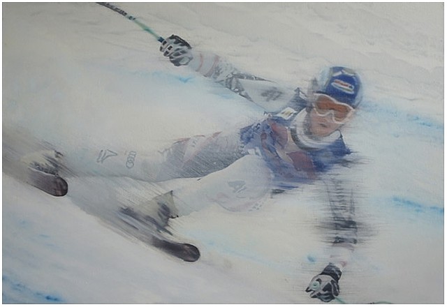 Paul Vincent (P.J.) Woods, Painting: Skier, 2018, Oil on linen (Austrian ski racer Hannes Reichelt)