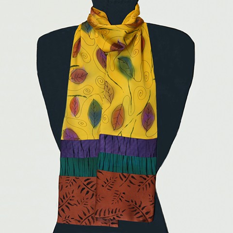 Hand dyed and painted silk scarf