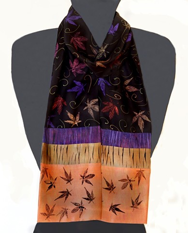 Silk Crepe  and Charmeuse Scarf Maple Leaves