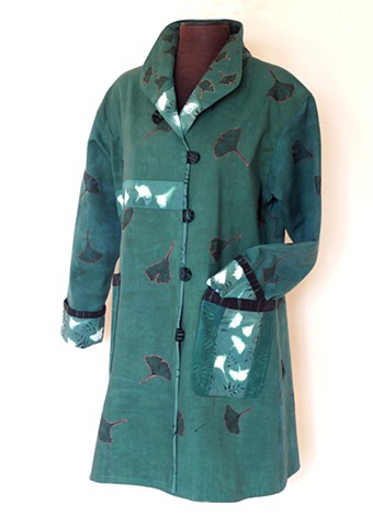 Fully lined 3/4 denim coat hand dyed and printed. Size Med-Lrg