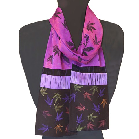 Silk Scarf Violet with Black Maple Leaves