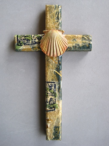 collage wall cross with baptismal symbol polymer clay scallop shell Nancy Denmark Patti Reed