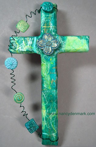 dogwood quatrefoil symbol on collage cross by Nancy Denmark, Patti Reed