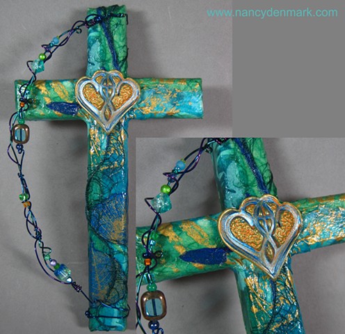 One In The Spirit collage and symbol wall cross made by Nancy Denmark & Patti Reed