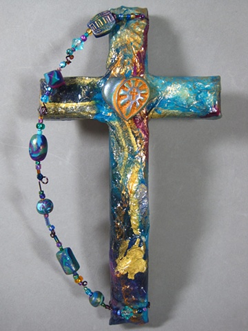 shining heart symbol on collage cross handmade by Nancy Denmark & Patti Reed