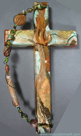 descending dove on collage cross by Nancy Denmark