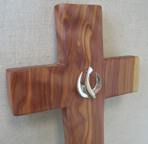 free standing cedar cross with sterling silver descending dove