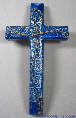 fiber crucifix on collage wood cross by Nancy Denmark Patti Reed