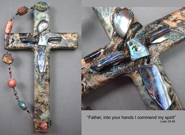 stylized Paua shell crucifix on collage cross Nancy Denmark Patti Reed