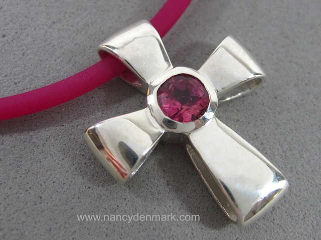 sterling silver ribbon cross with faceted pink tourmaline © Nancy Denmark