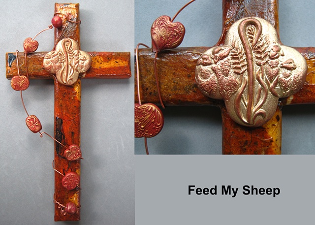 Feed My Shhep quatrefoil symbol on wood collage cross Nancy Denmark Patti Reed