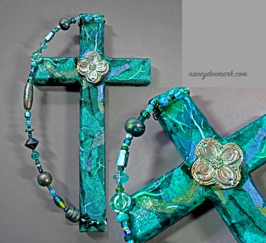 teal wall cross with dogwood symbolism by Nancy Denmark
