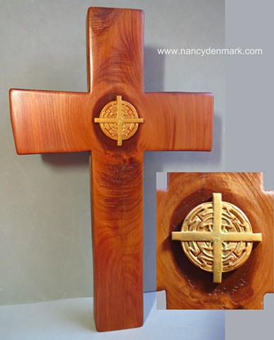 freestanding collaborative cross made by Margaret Bailey and Nancy Denmark 