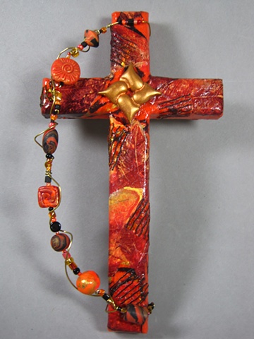 collage wall cross with hearts entwined symbol by Nancy Denmark Patti Reed