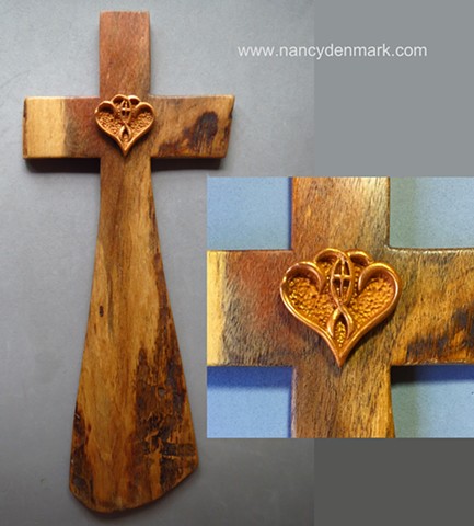 Mesquite cross by Margaret Bailey with Nancy Denmark's "One in the Spirit" symbol