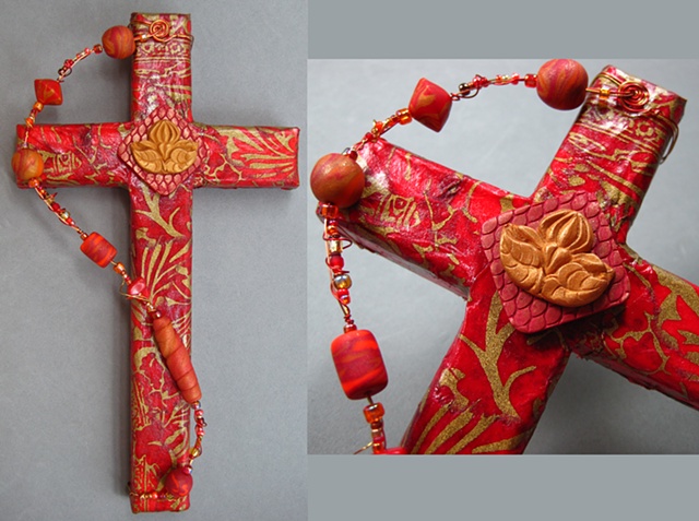 beaded collage cross with lotus symbol