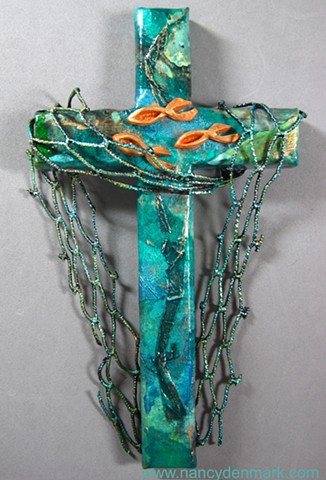 Cast Your Nets, Fishers of Men Collage Cross by Nancy Denmark