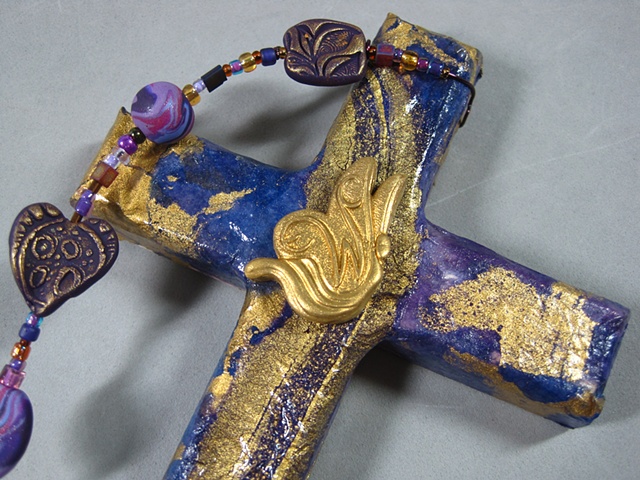 ECW BUTTERFLY COLLAGE CROSS PURPLE & GOLD CLOSE UP