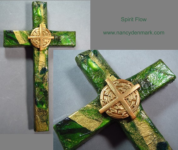 collage wall cross by Nancy Denmark and Patti Reed with Spirit Flow design